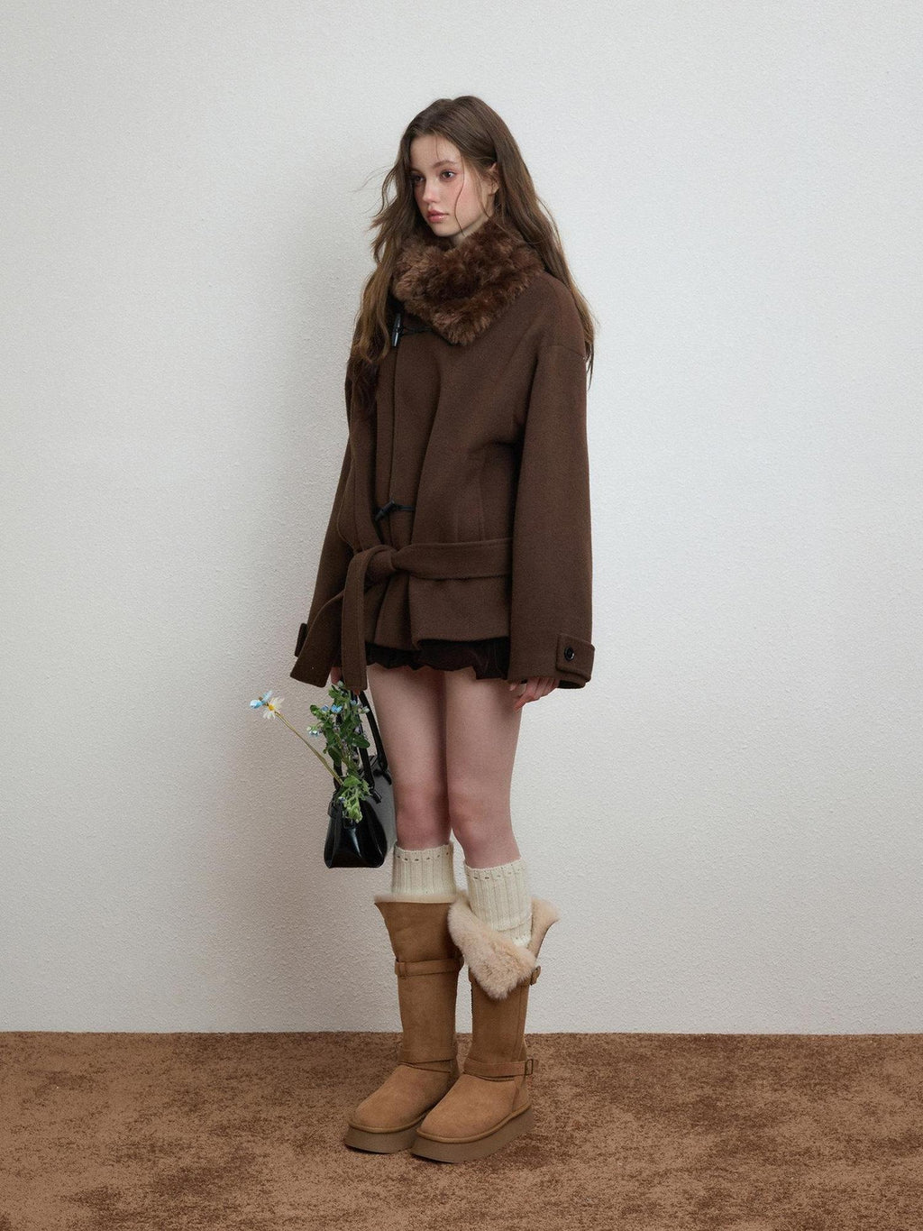 Luamoss Thickened Tie Belt Korean Loose Drop Shoulder Midlength Women Wool Coats