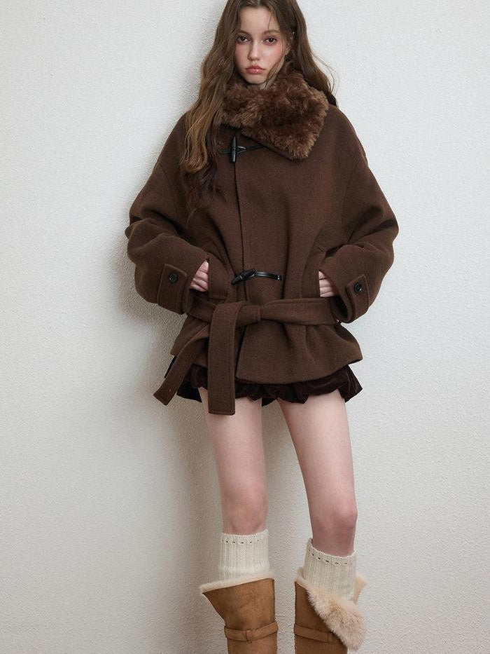 Luamoss Thickened Tie Belt Korean Loose Drop Shoulder Midlength Women Wool Coats