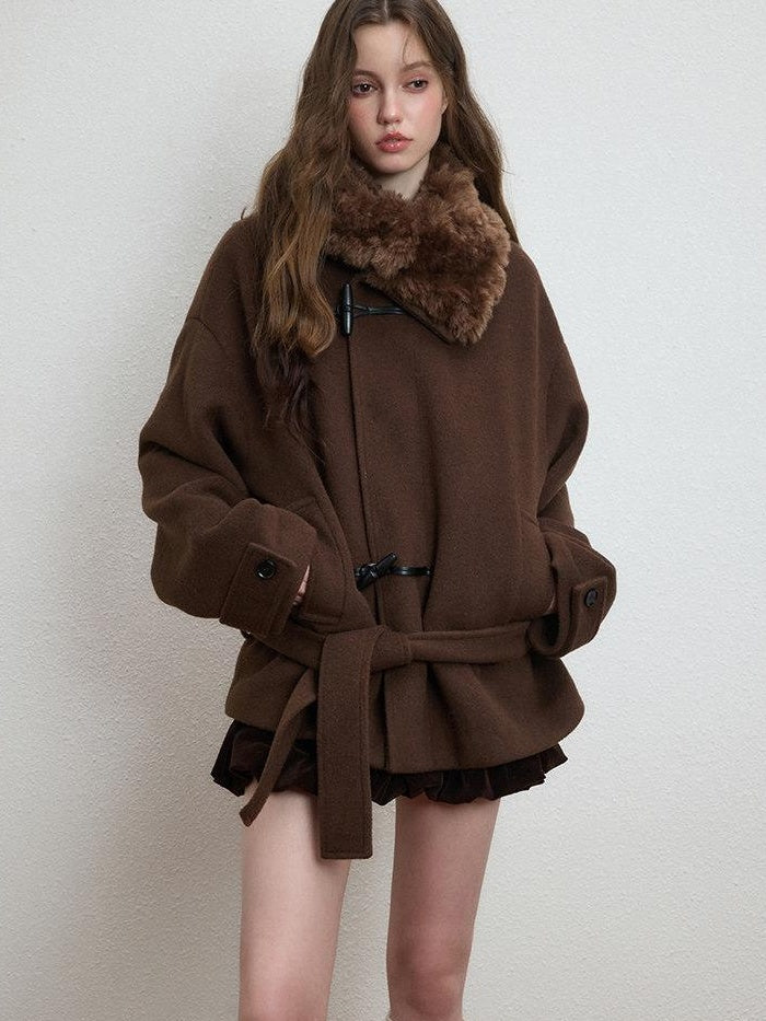 Luamoss Thickened Tie Belt Korean Loose Drop Shoulder Midlength Women Wool Coats
