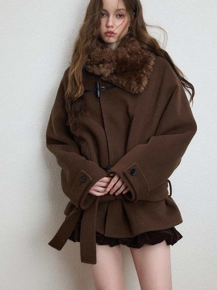 Luamoss Thickened Tie Belt Korean Loose Drop Shoulder Midlength Women Wool Coats