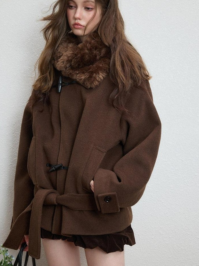 Luamoss Thickened Tie Belt Korean Loose Drop Shoulder Midlength Women Wool Coats
