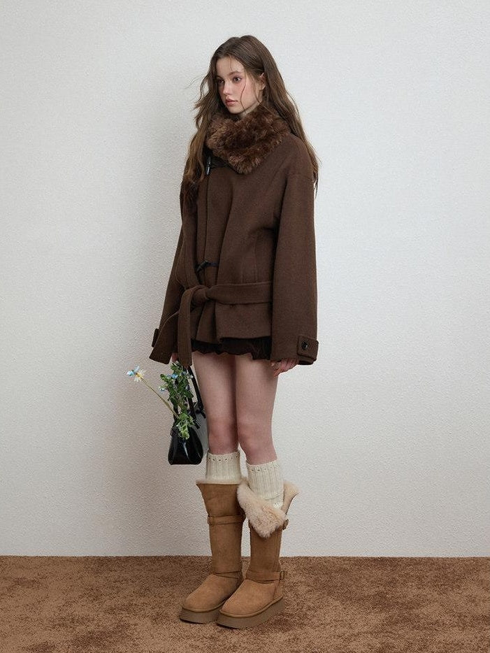 Luamoss Thickened Tie Belt Korean Loose Drop Shoulder Midlength Women Wool Coats