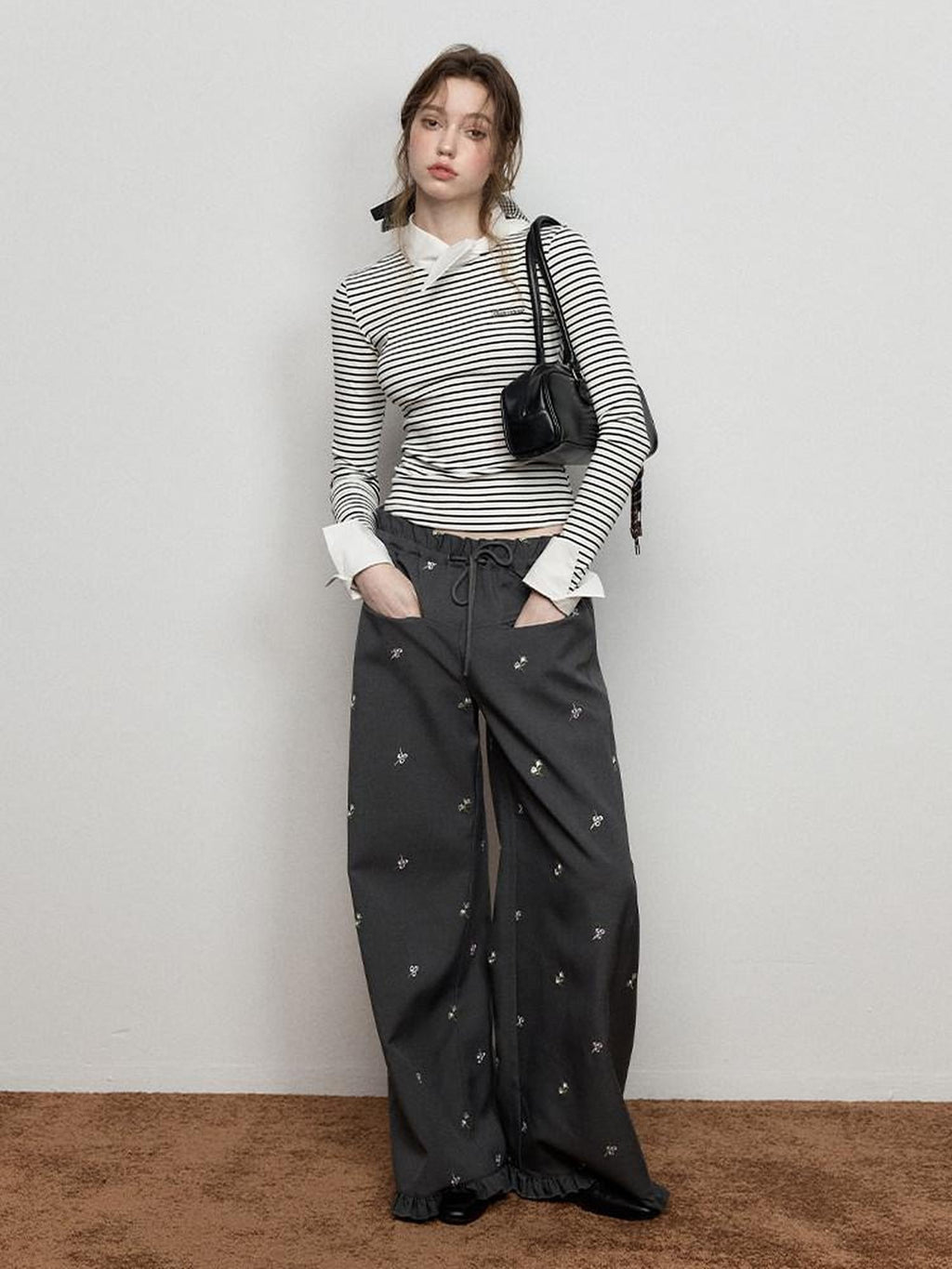 Luamoss Versatile Low Rise Drawstring Ruched Embroidered Gray Women Wide Leg Pants