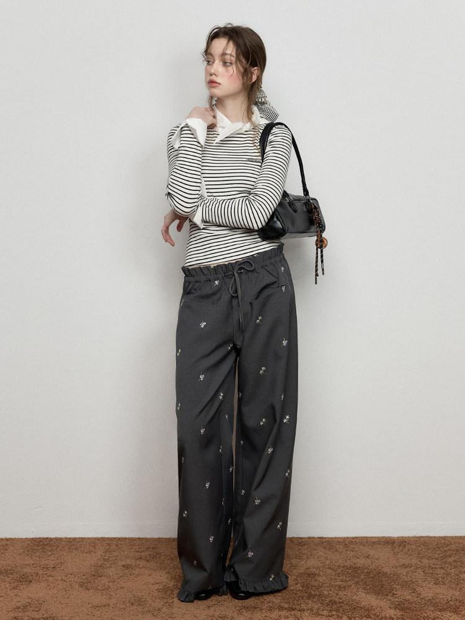 Luamoss Versatile Low Rise Drawstring Ruched Embroidered Gray Women Wide Leg Pants