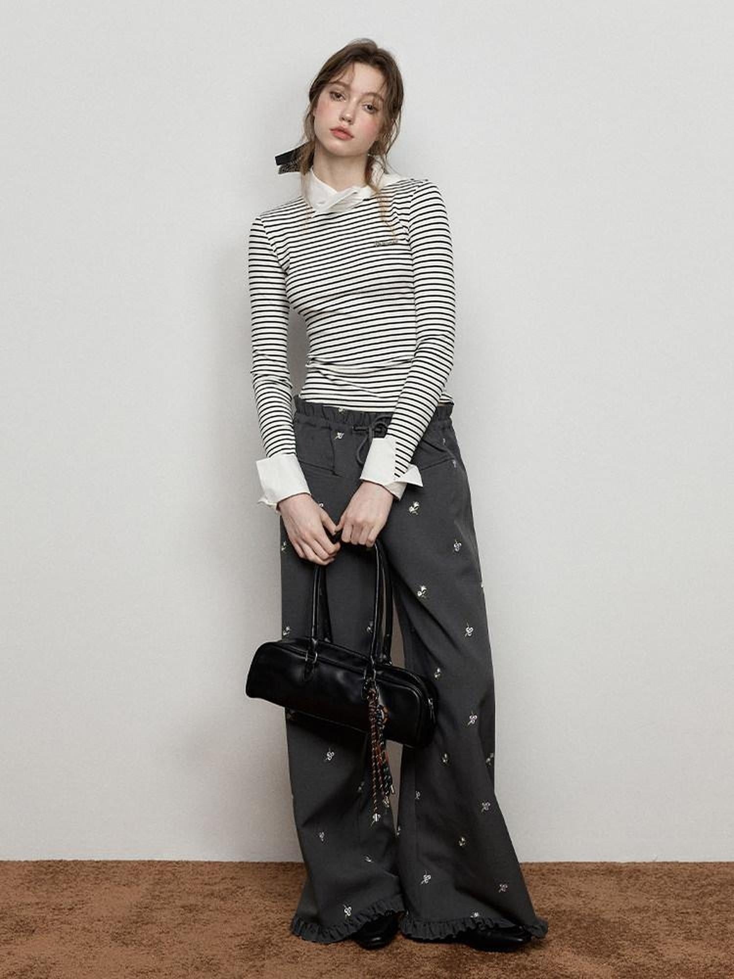 Luamoss Versatile Low Rise Drawstring Ruched Embroidered Gray Women Wide Leg Pants