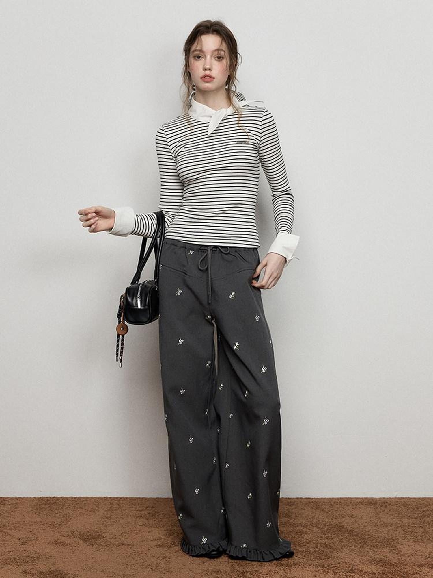Luamoss Versatile Low Rise Drawstring Ruched Embroidered Gray Women Wide Leg Pants