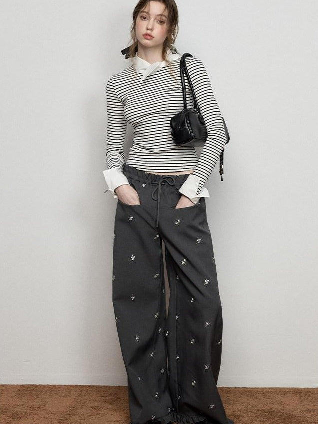 Luamoss Versatile Low Rise Drawstring Ruched Embroidered Gray Women Wide Leg Pants