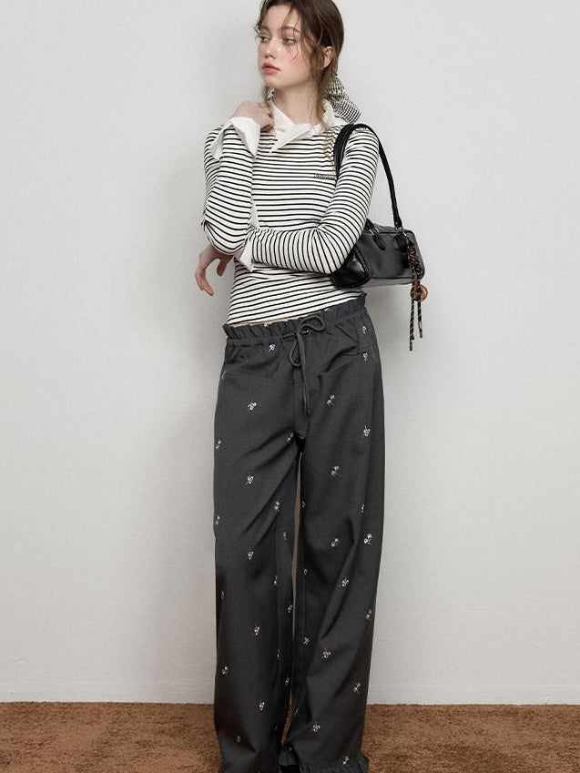 Luamoss Versatile Low Rise Drawstring Ruched Embroidered Gray Women Wide Leg Pants