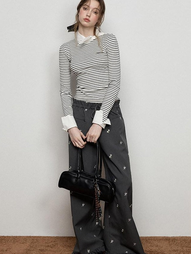 Luamoss Versatile Low Rise Drawstring Ruched Embroidered Gray Women Wide Leg Pants
