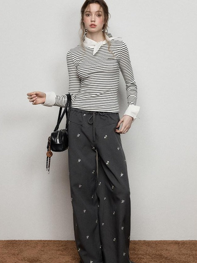 Luamoss Versatile Low Rise Drawstring Ruched Embroidered Gray Women Wide Leg Pants