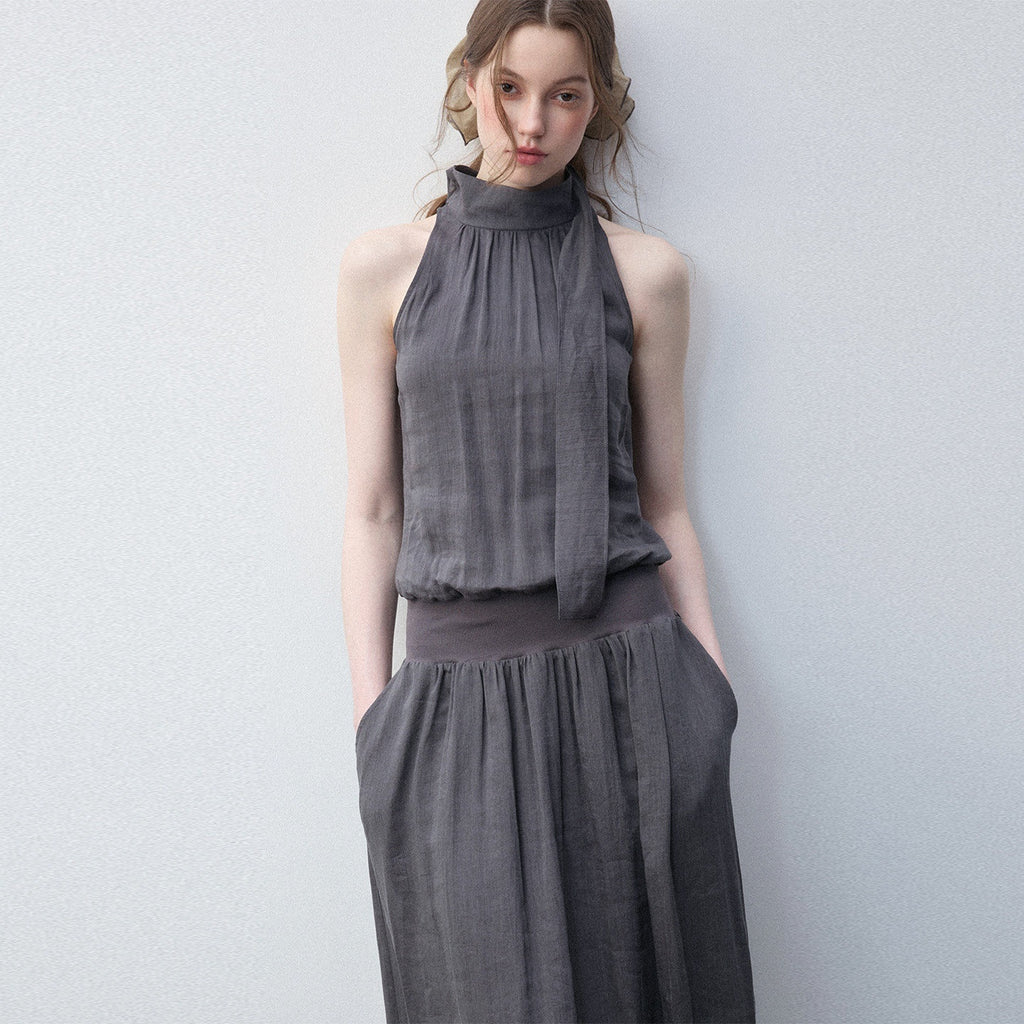 Luamoss_Viscose_Ramie_Blend_Pleated_Flared_High_Neck_Sleeveless_Casual_Gray_Maxi_Dresses_MISSTT