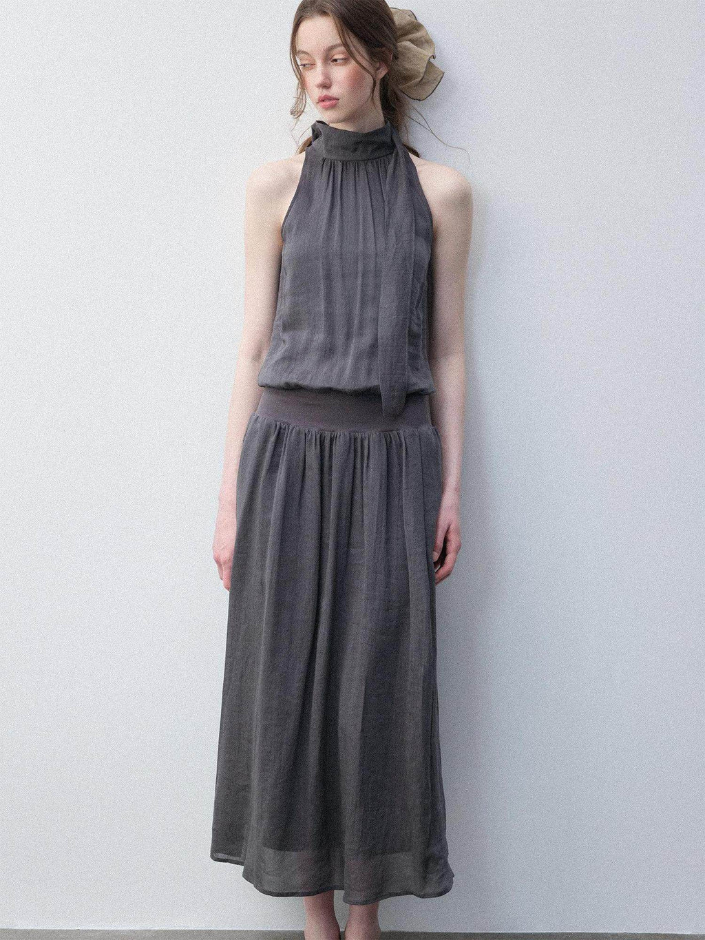 Luamoss Viscose Ramie Blend Pleated Flared High Neck Sleeveless Casual Gray Maxi Dresses