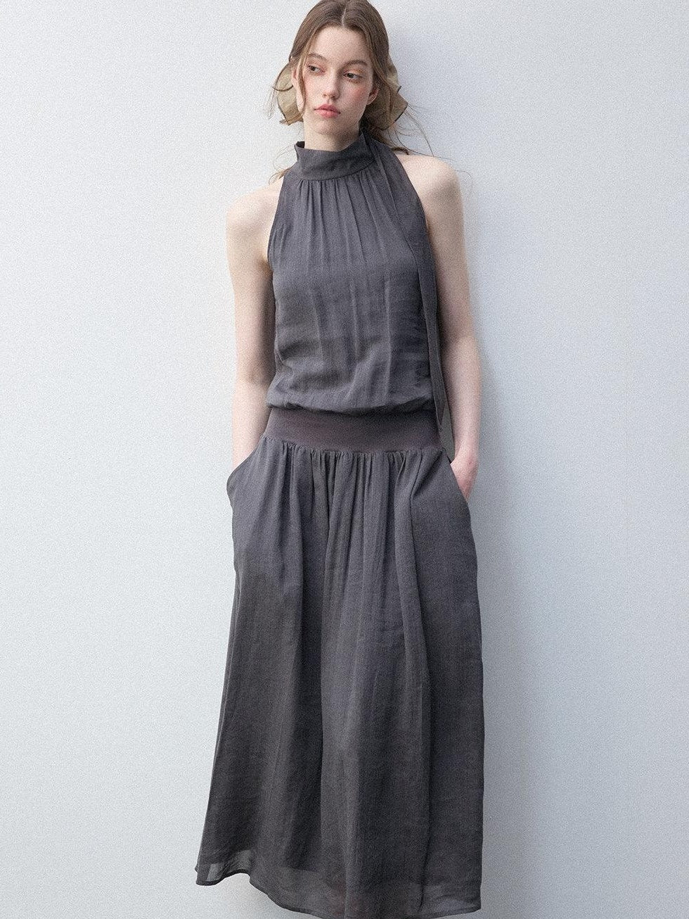 Luamoss Viscose Ramie Blend Pleated Flared High Neck Sleeveless Casual Gray Maxi Dresses