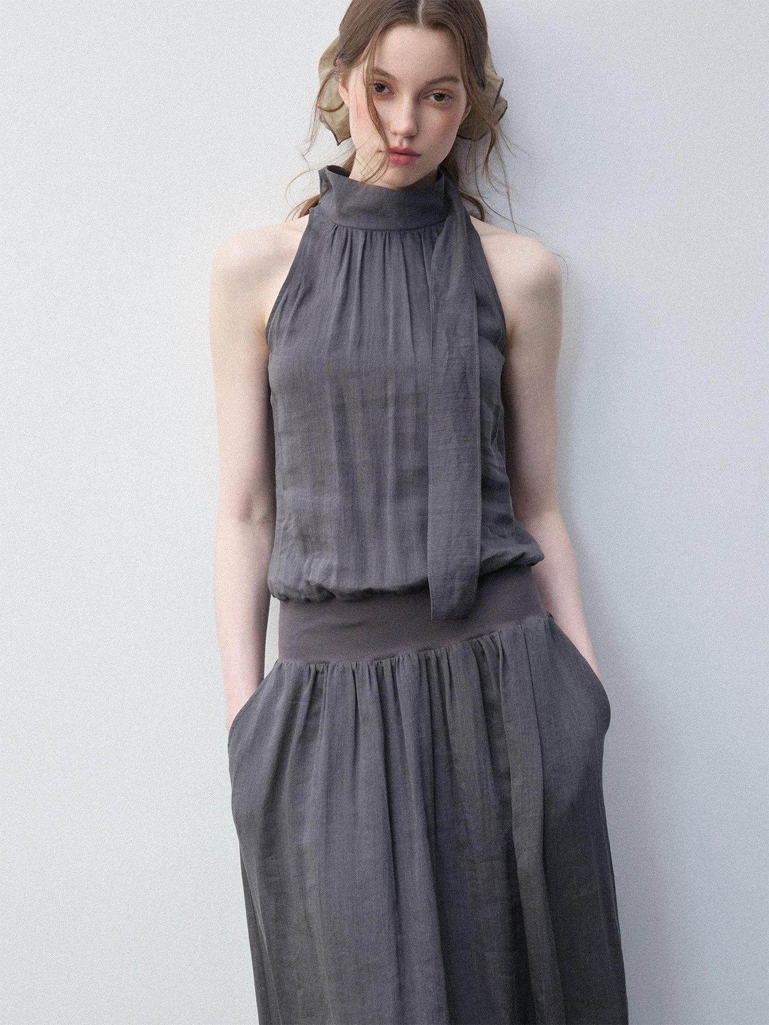 Luamoss Viscose Ramie Blend Pleated Flared High Neck Sleeveless Casual Gray Maxi Dresses