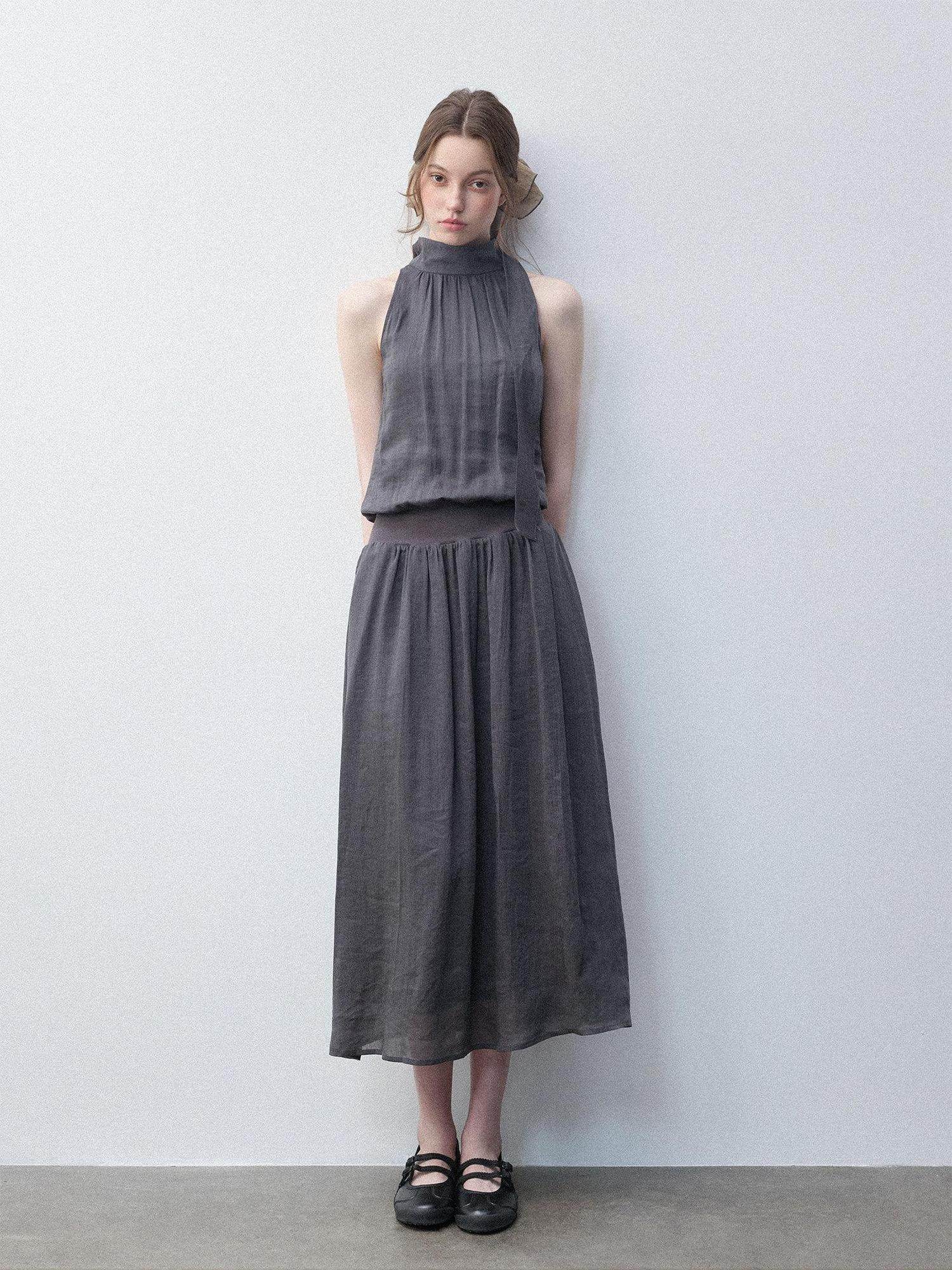 Luamoss Viscose Ramie Blend Pleated Flared High Neck Sleeveless Casual Gray Maxi Dresses