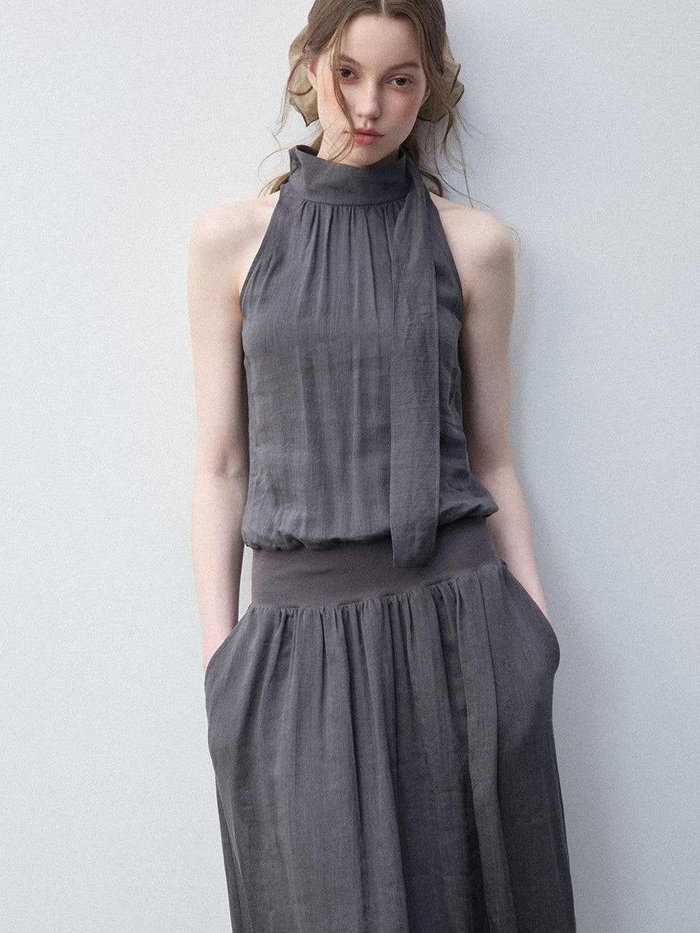 Luamoss Viscose Ramie Blend Pleated Flared High Neck Sleeveless Casual Gray Maxi Dresses