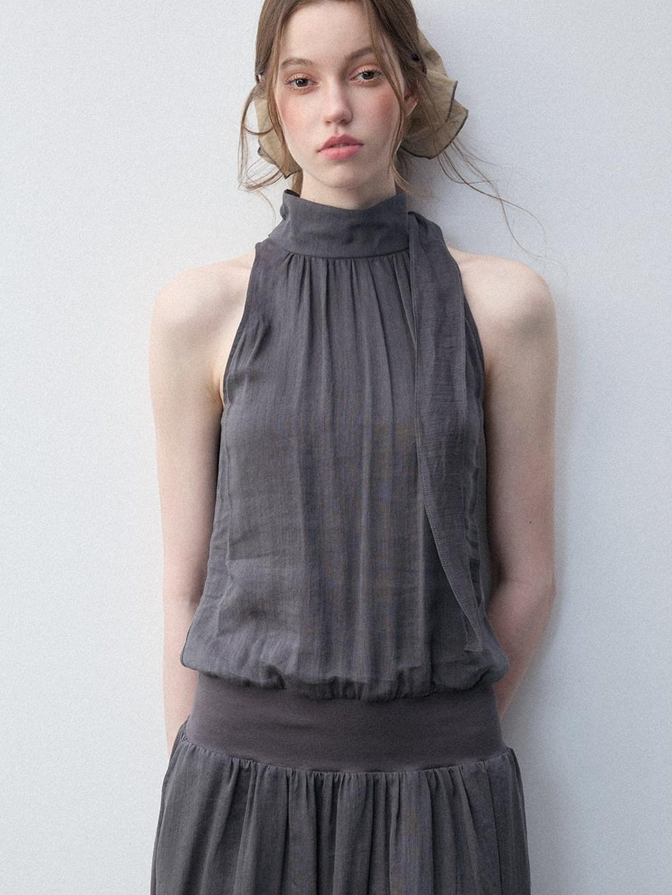 Luamoss Viscose Ramie Blend Pleated Flared High Neck Sleeveless Casual Gray Maxi Dresses