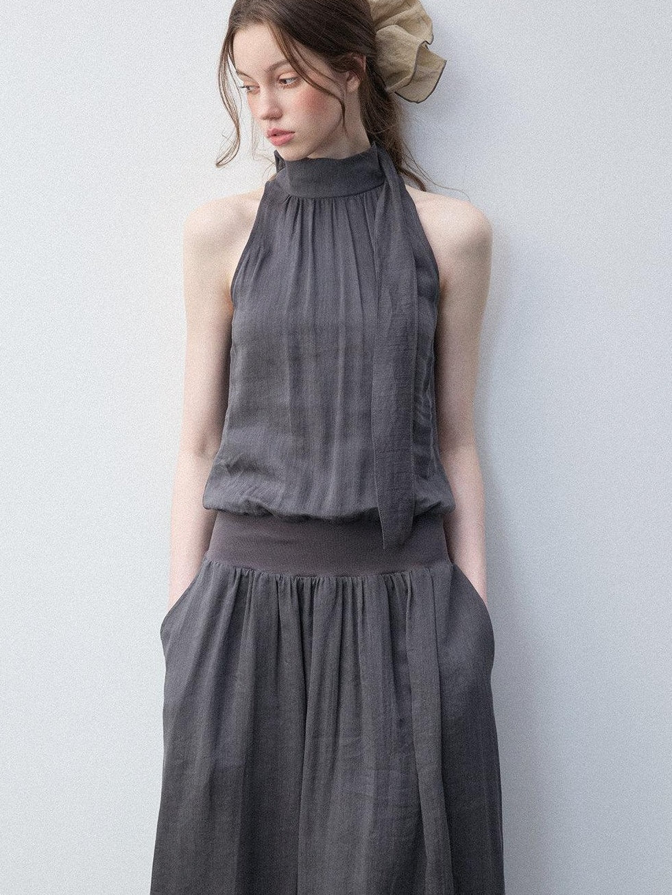 Luamoss Viscose Ramie Blend Pleated Flared High Neck Sleeveless Casual Gray Maxi Dresses