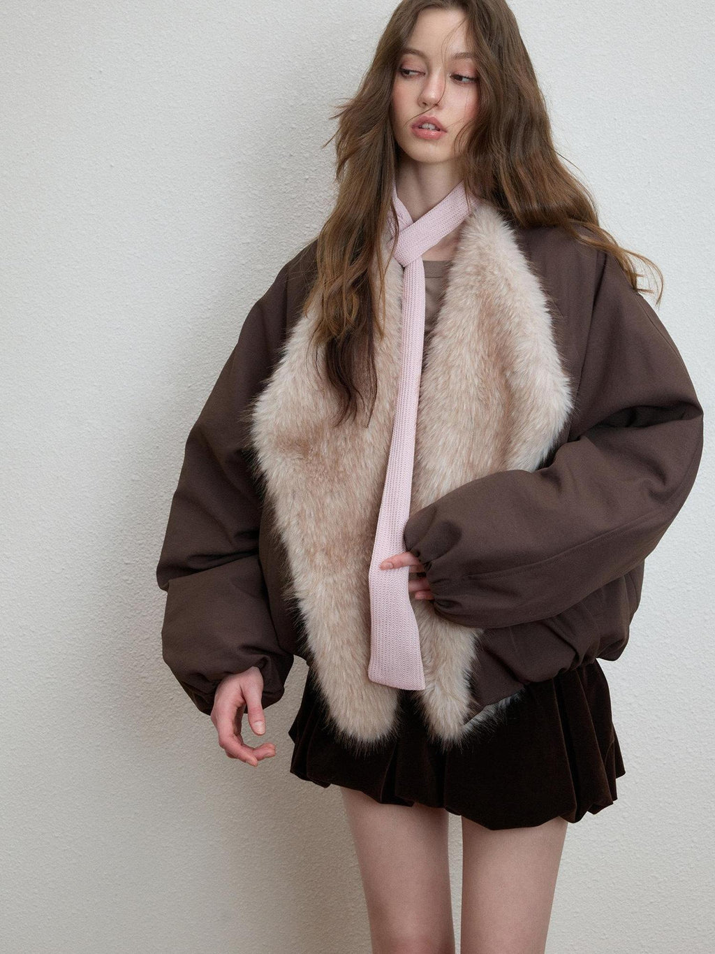 Luamoss Warm Commuter Oversized Zip Front Round Neck Coffee Brown Puffer Jackets