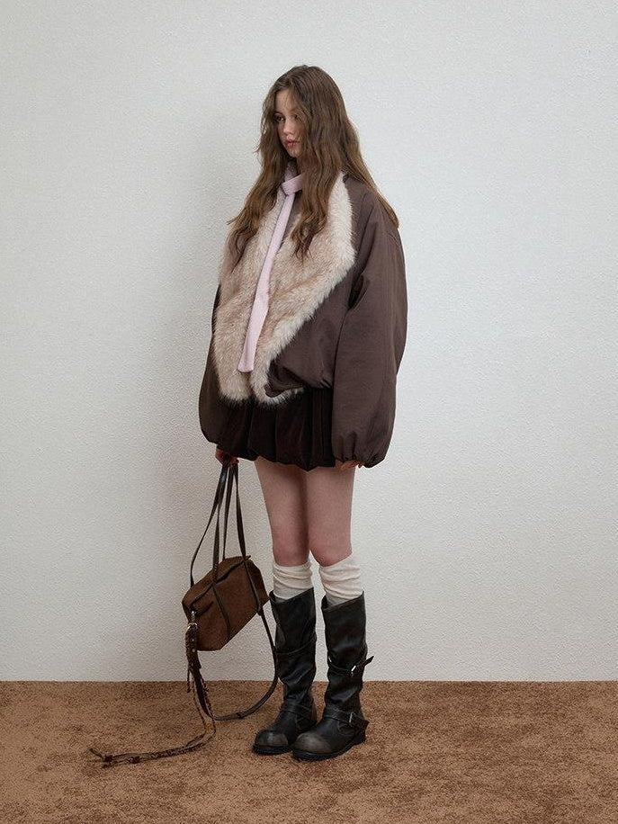 Luamoss Warm Commuter Oversized Zip Front Round Neck Coffee Brown Puffer Jackets