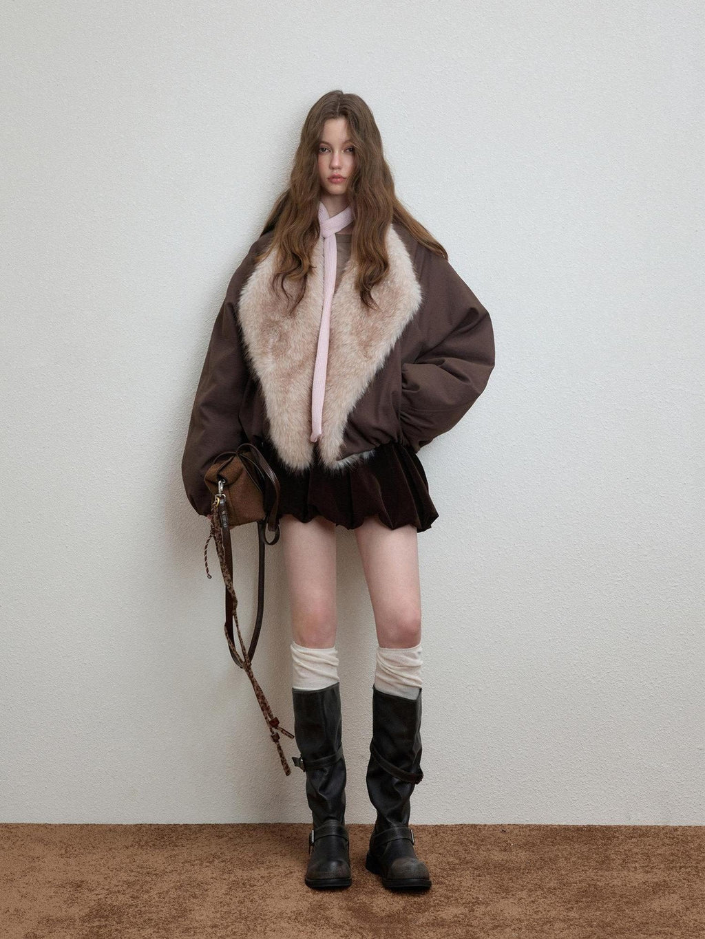 Luamoss Warm Commuter Oversized Zip Front Round Neck Coffee Brown Puffer Jackets