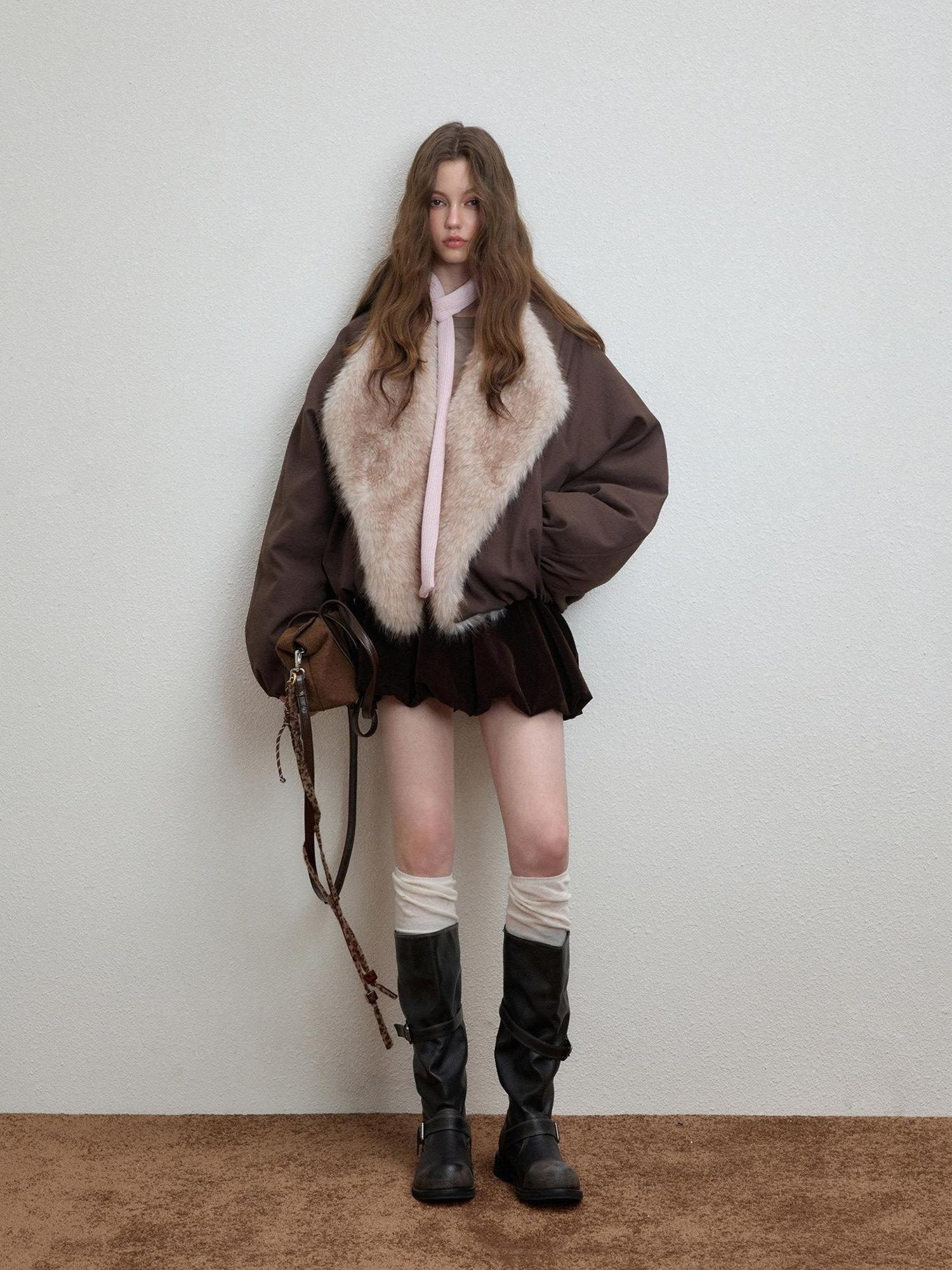 Luamoss Warm Commuter Oversized Zip Front Round Neck Coffee Brown Puffer Jackets