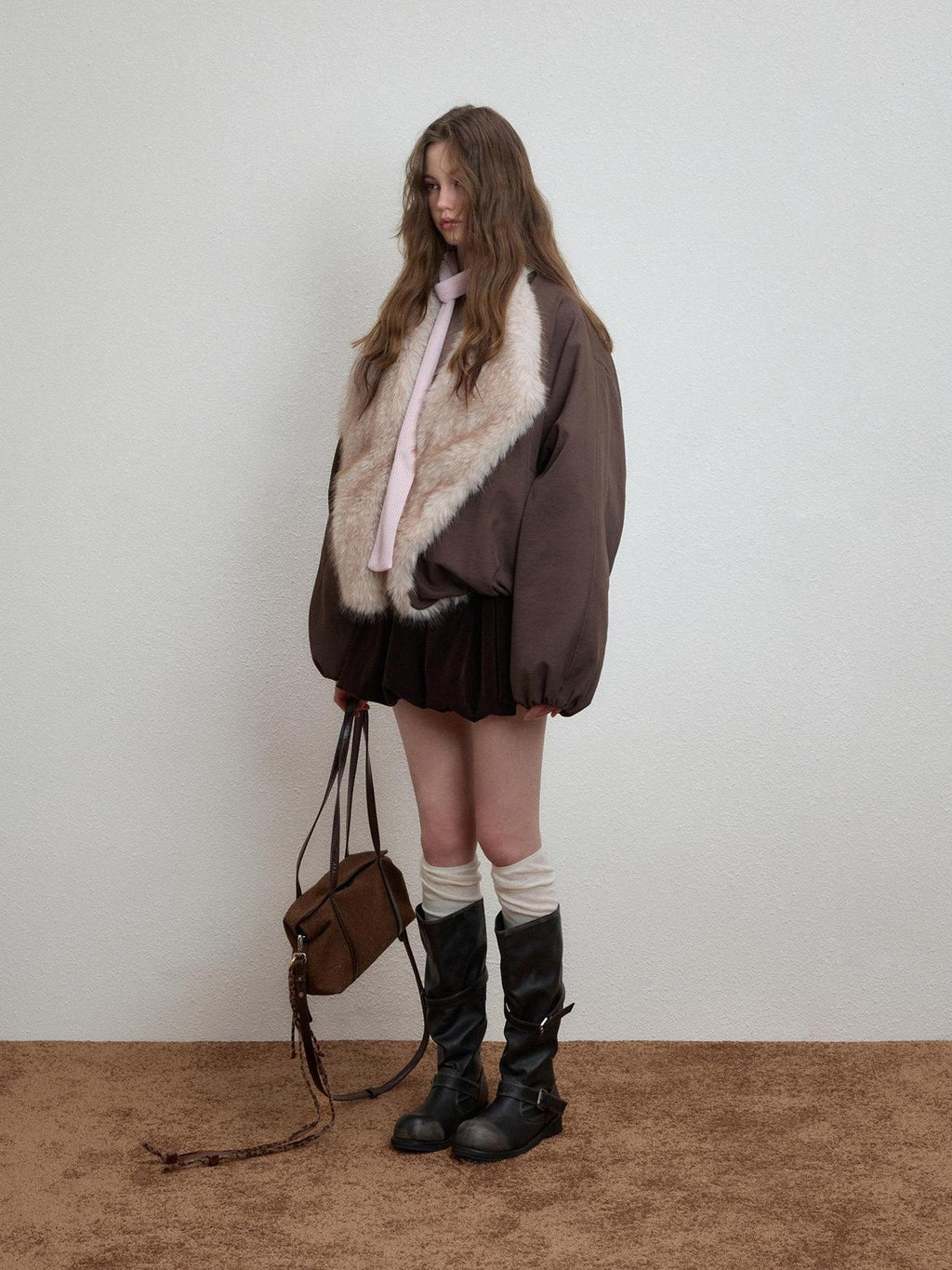 Luamoss Warm Commuter Oversized Zip Front Round Neck Coffee Brown Puffer Jackets