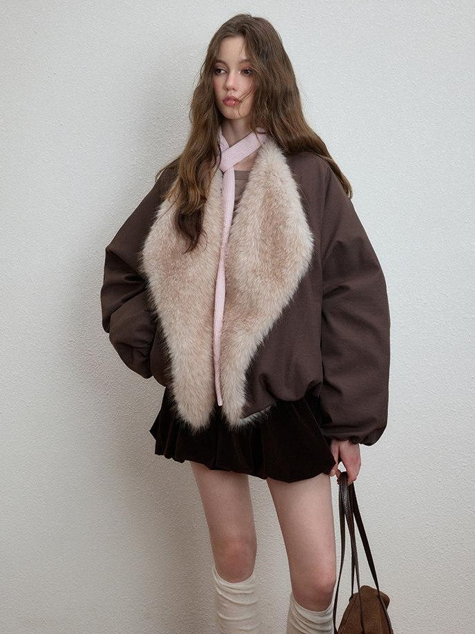 Luamoss Warm Commuter Oversized Zip Front Round Neck Coffee Brown Puffer Jackets
