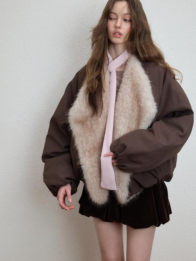 Luamoss Warm Commuter Oversized Zip Front Round Neck Coffee Brown Puffer Jackets