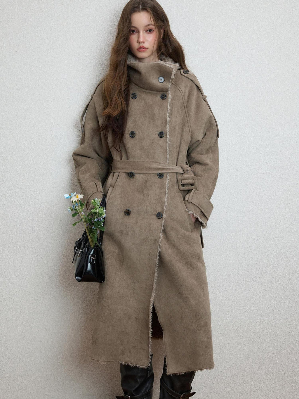 Luamoss Warm Double Breasted High Collar Long Relaxed Casual Women Grey Faux Fur Coats