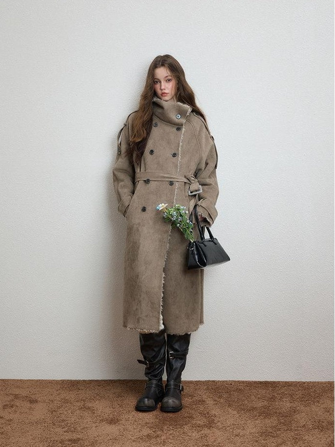 Luamoss Warm Double Breasted High Collar Long Relaxed Casual Women Grey Faux Fur Coats