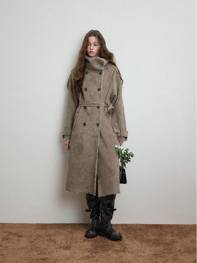 Luamoss Warm Double Breasted High Collar Long Relaxed Casual Women Grey Faux Fur Coats