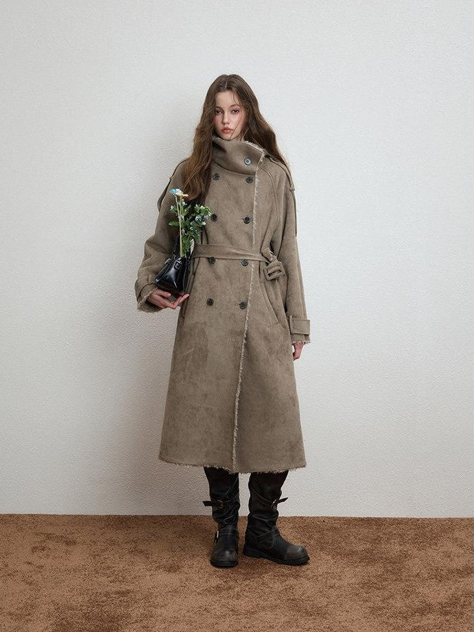 Luamoss Warm Double Breasted High Collar Long Relaxed Casual Women Grey Faux Fur Coats