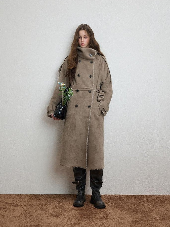 Luamoss Warm Double Breasted High Collar Long Relaxed Casual Women Grey Faux Fur Coats