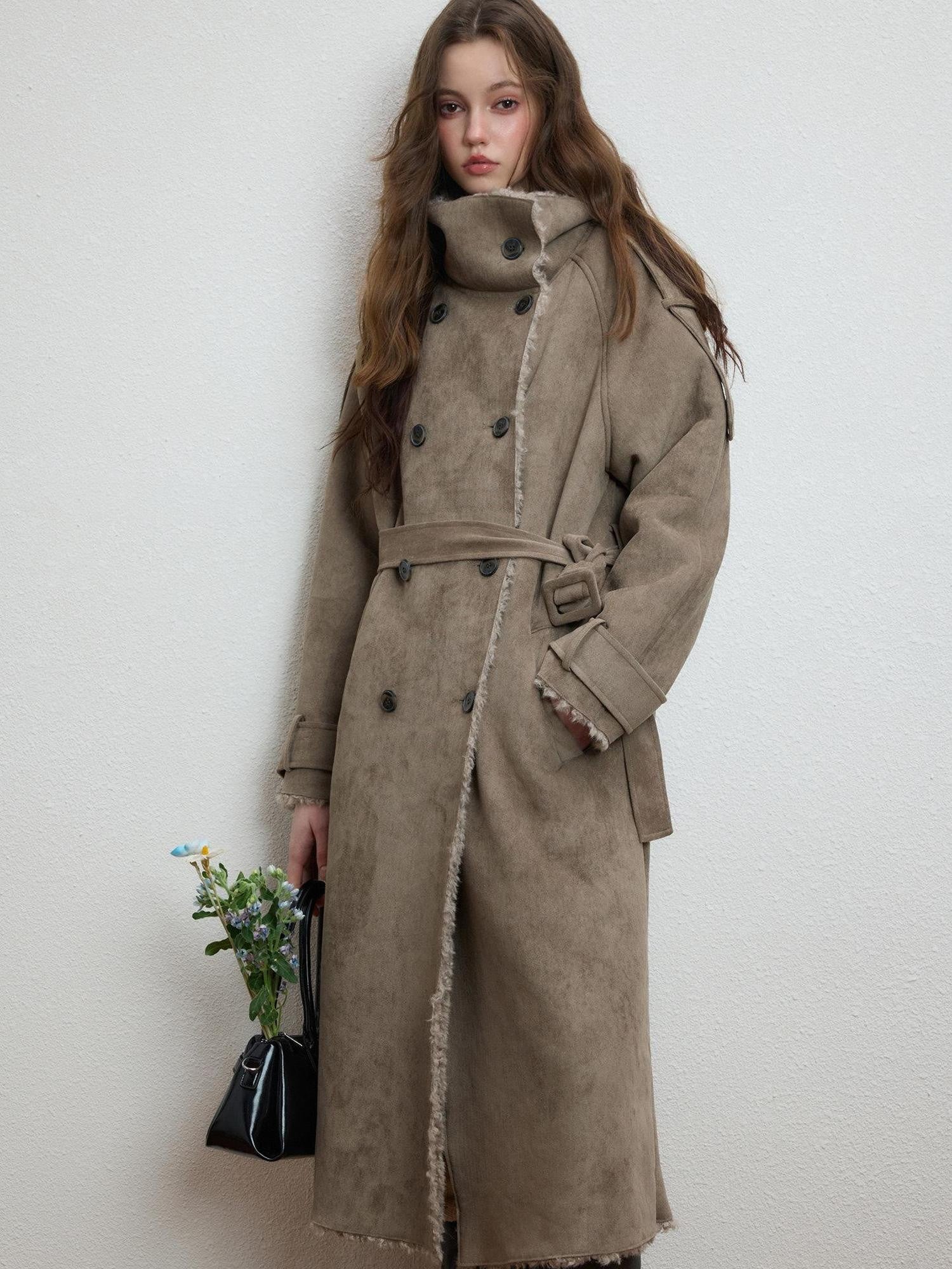 Luamoss Warm Double Breasted High Collar Long Relaxed Casual Women Grey Faux Fur Coats