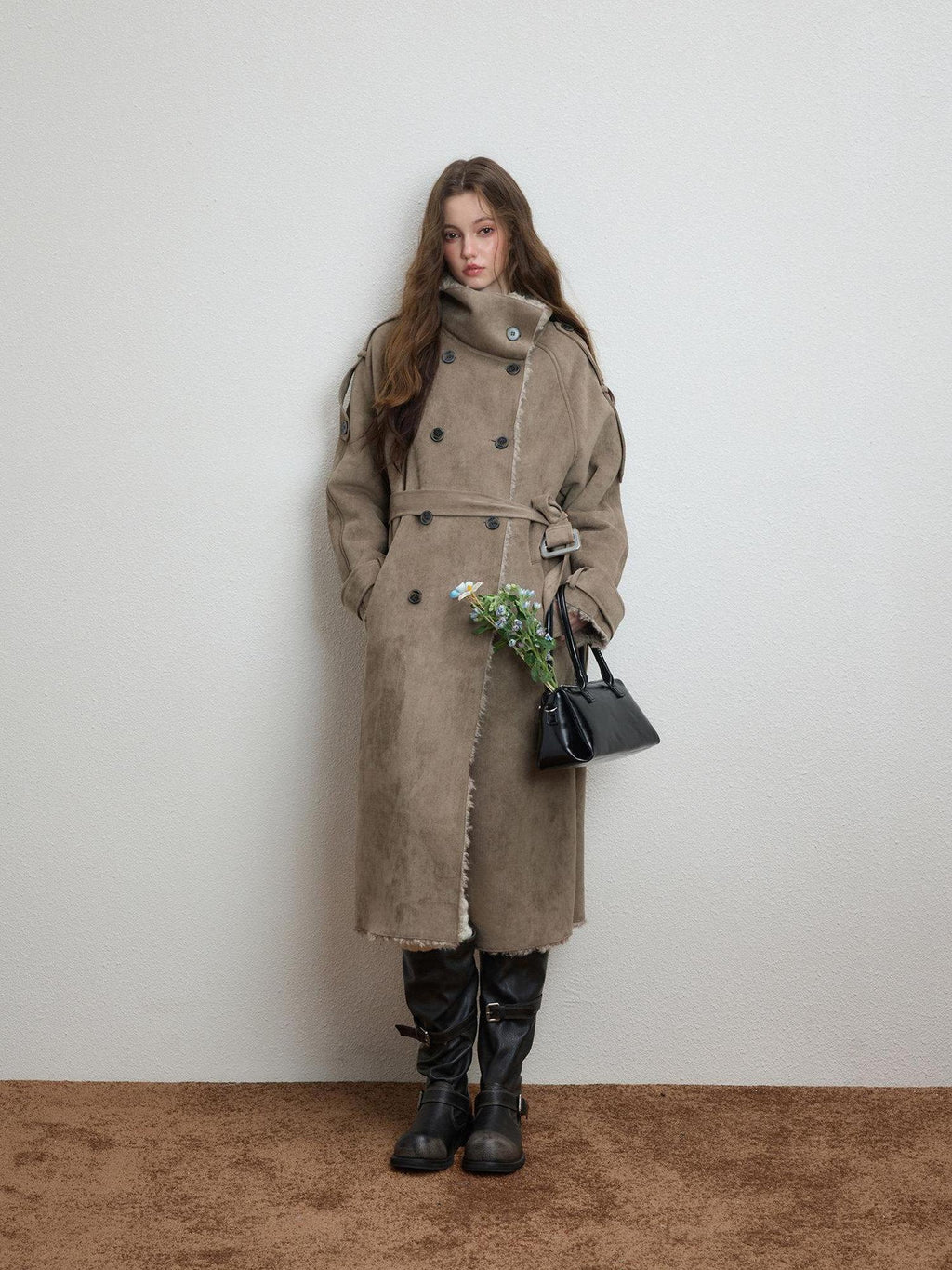 Luamoss Warm Double Breasted High Collar Long Relaxed Casual Women Grey Faux Fur Coats