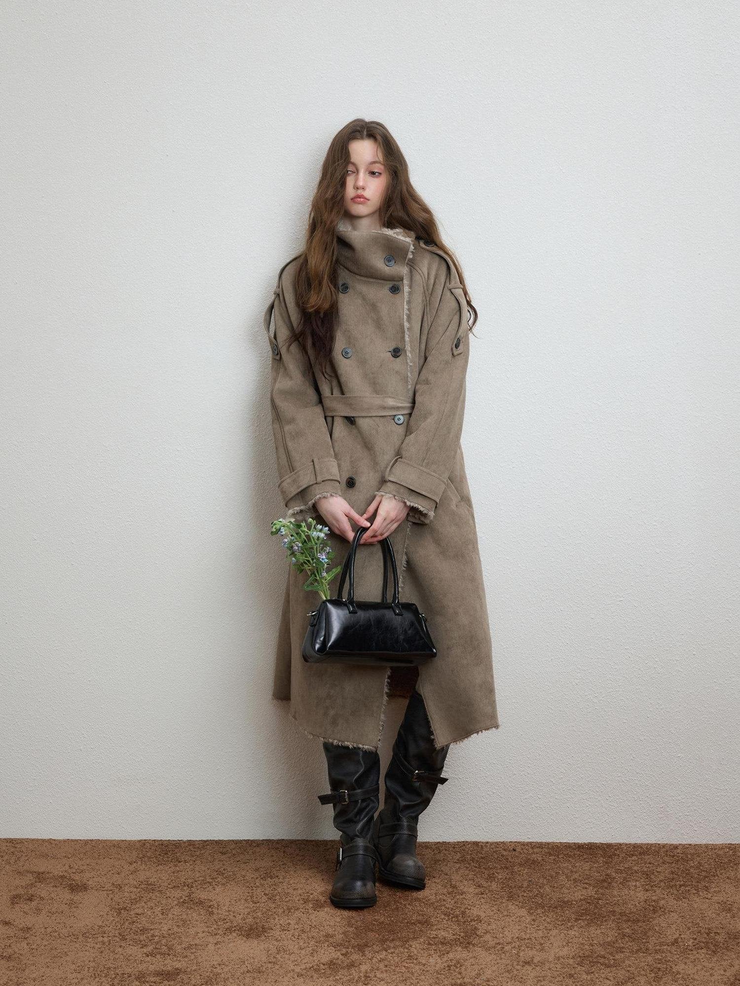 Luamoss Warm Double Breasted High Collar Long Relaxed Casual Women Grey Faux Fur Coats
