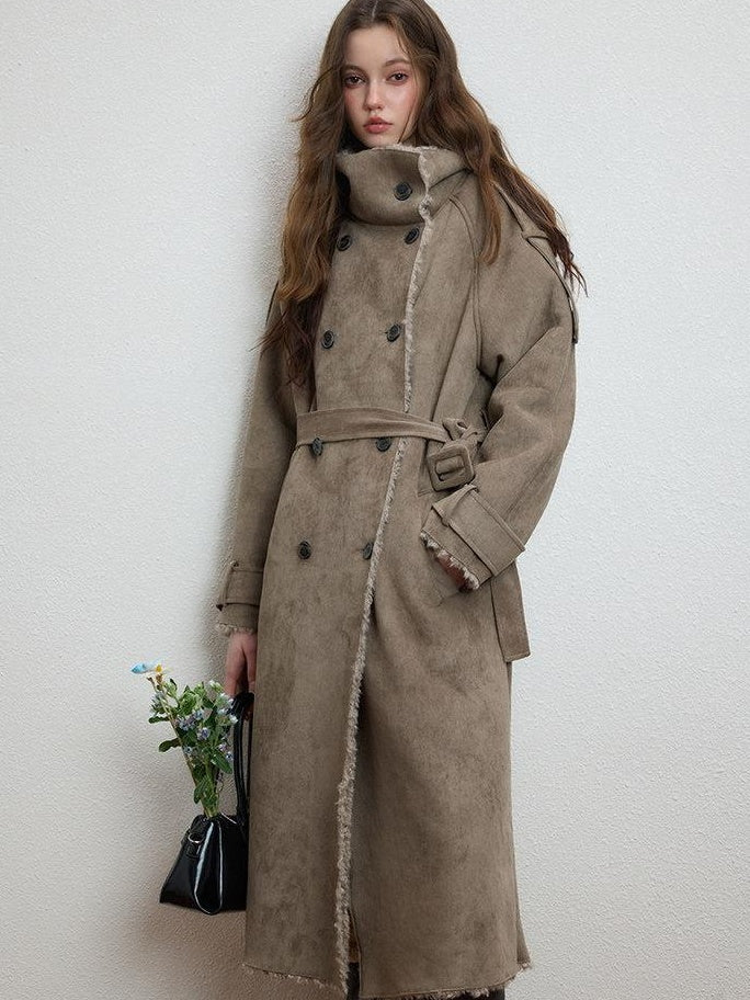 Luamoss Warm Double Breasted High Collar Long Relaxed Casual Women Grey Faux Fur Coats