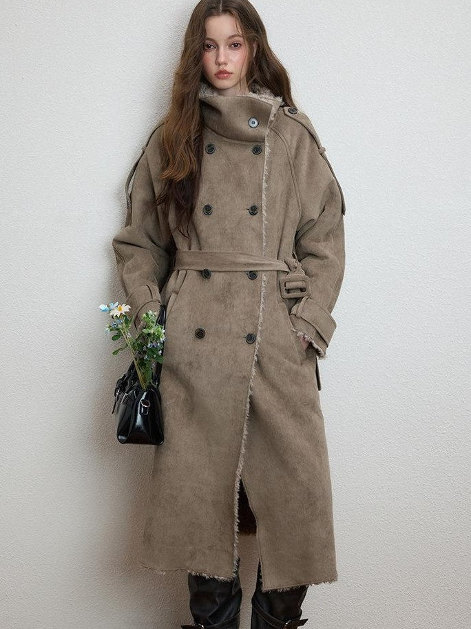 Luamoss Warm Double Breasted High Collar Long Relaxed Casual Women Grey Faux Fur Coats