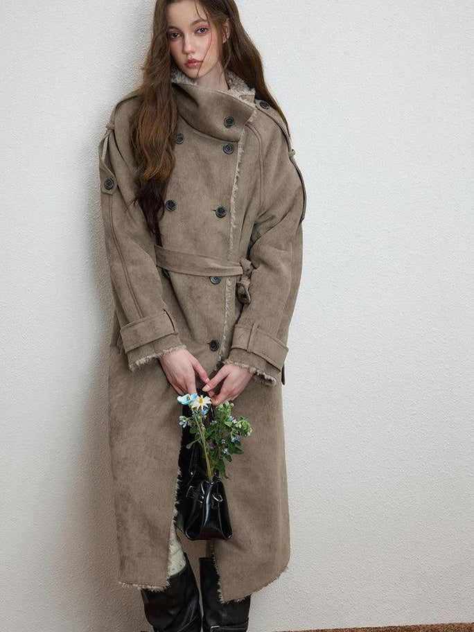 Luamoss Warm Double Breasted High Collar Long Relaxed Casual Women Grey Faux Fur Coats