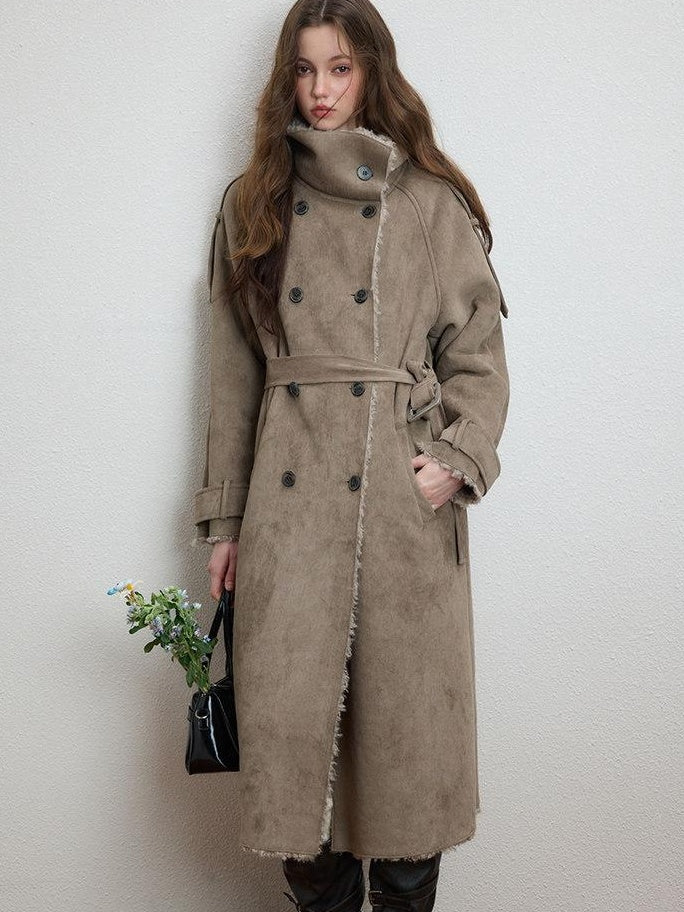 Luamoss Warm Double Breasted High Collar Long Relaxed Casual Women Grey Faux Fur Coats