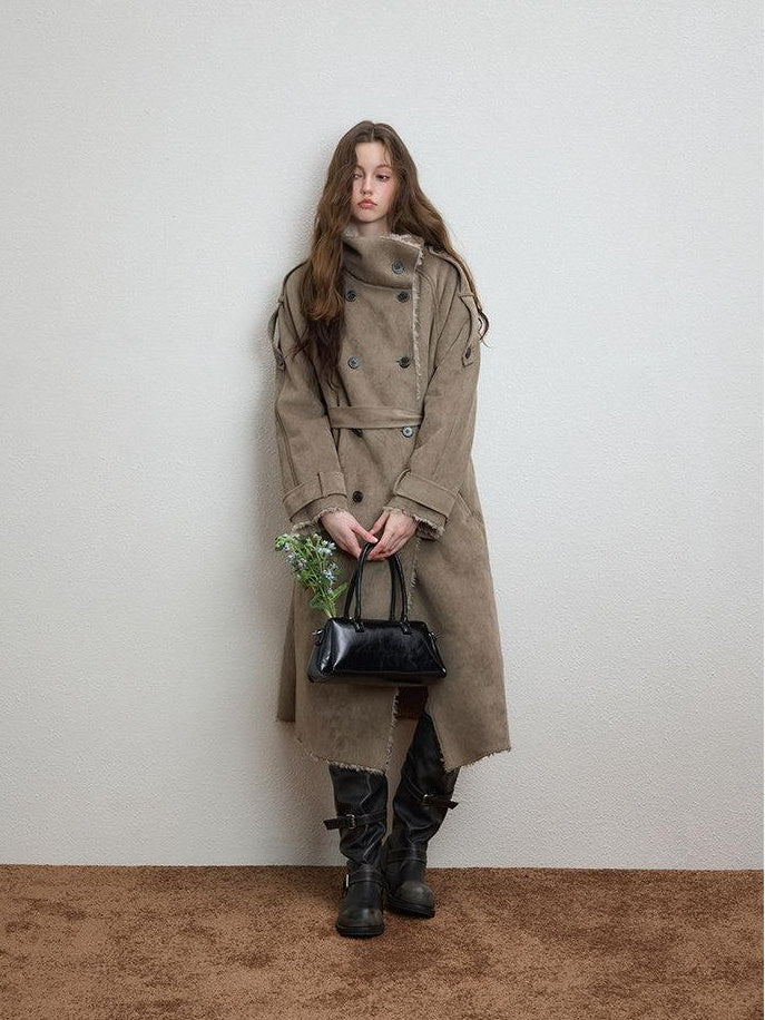 Luamoss Warm Double Breasted High Collar Long Relaxed Casual Women Grey Faux Fur Coats