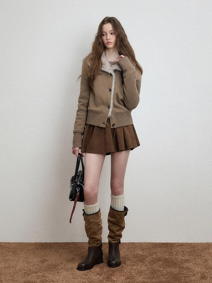 Luamoss Warm Plush Lined Straight Fit Short Ribbed Hem Women Mocha Brown Puffer Jackets