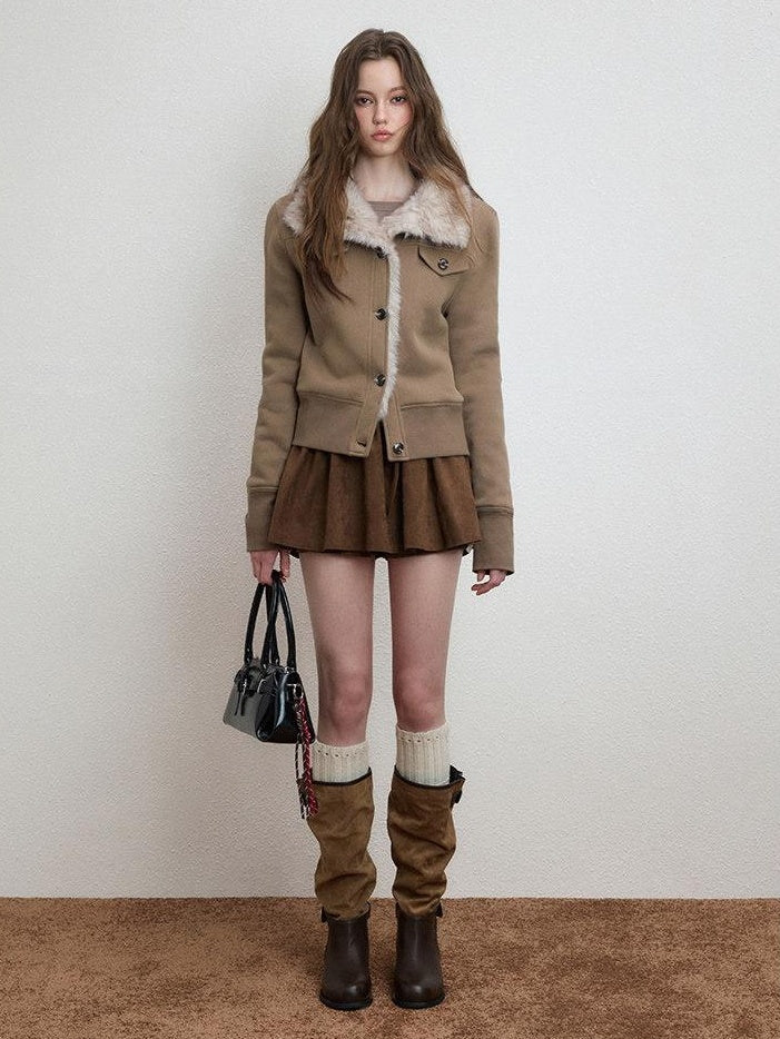 Luamoss Warm Plush Lined Straight Fit Short Ribbed Hem Women Mocha Brown Puffer Jackets