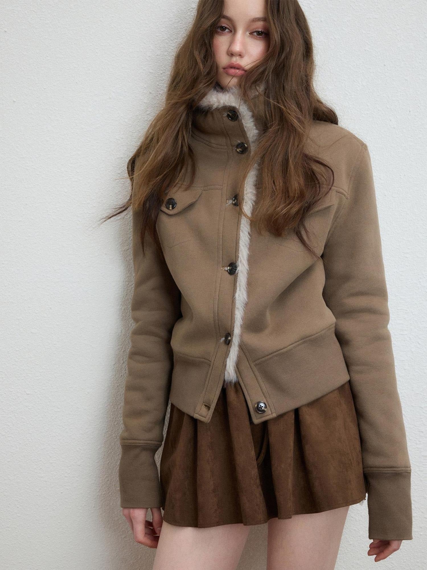 Luamoss Warm Plush Lined Straight Fit Short Ribbed Hem Women Mocha Brown Puffer Jackets