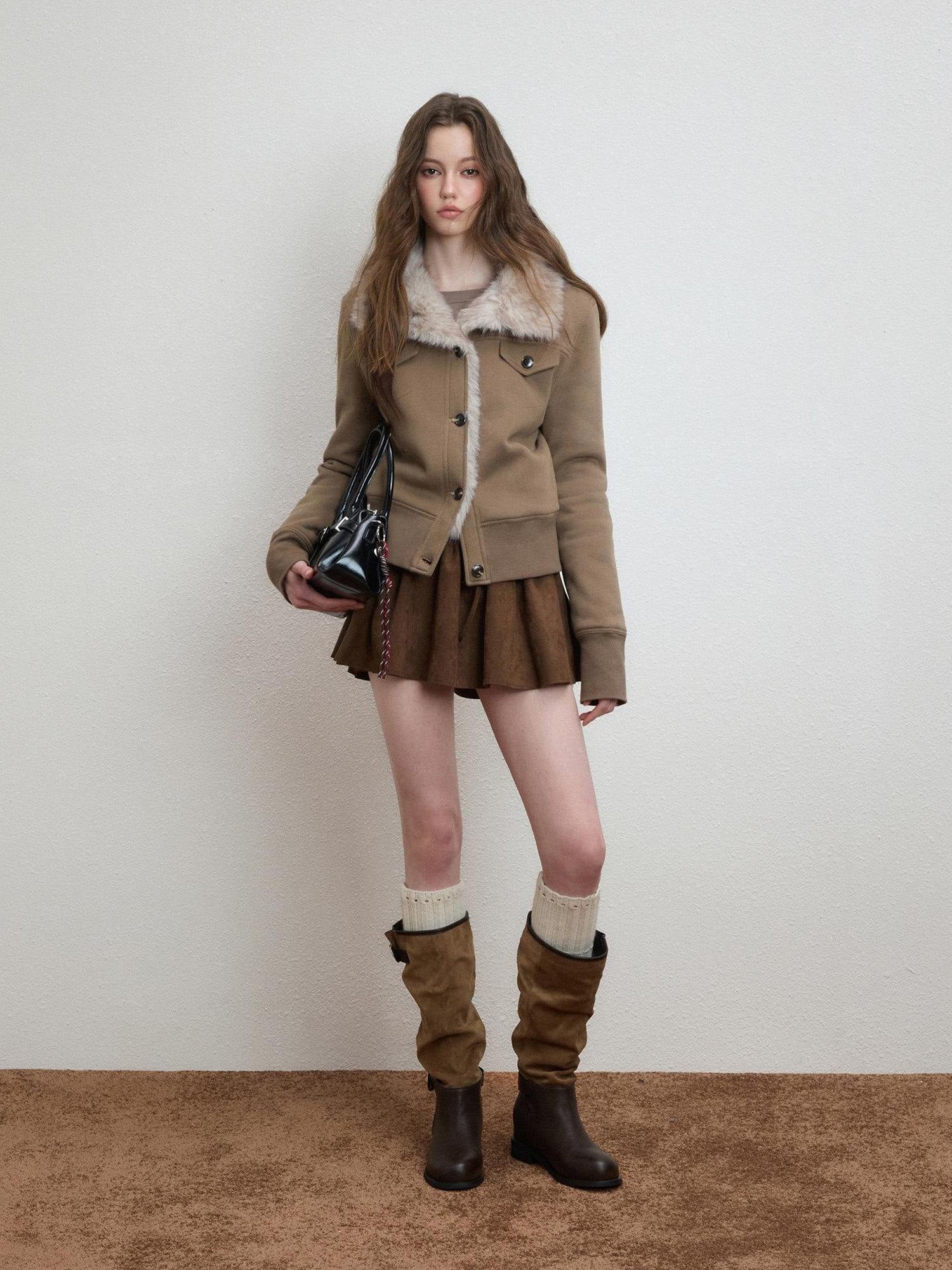 Luamoss Warm Plush Lined Straight Fit Short Ribbed Hem Women Mocha Brown Puffer Jackets