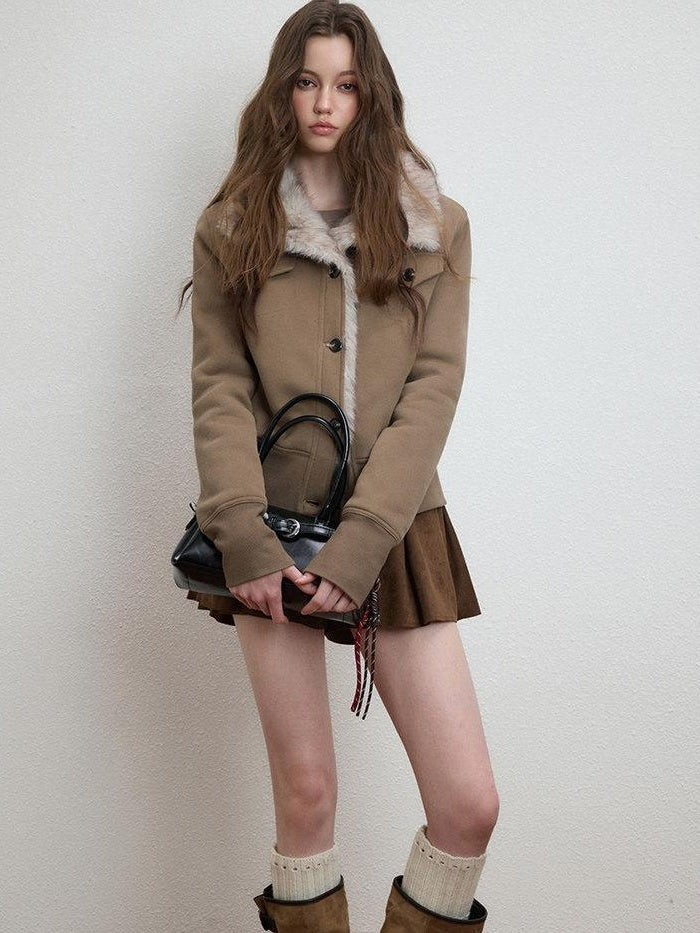 Luamoss Warm Plush Lined Straight Fit Short Ribbed Hem Women Mocha Brown Puffer Jackets