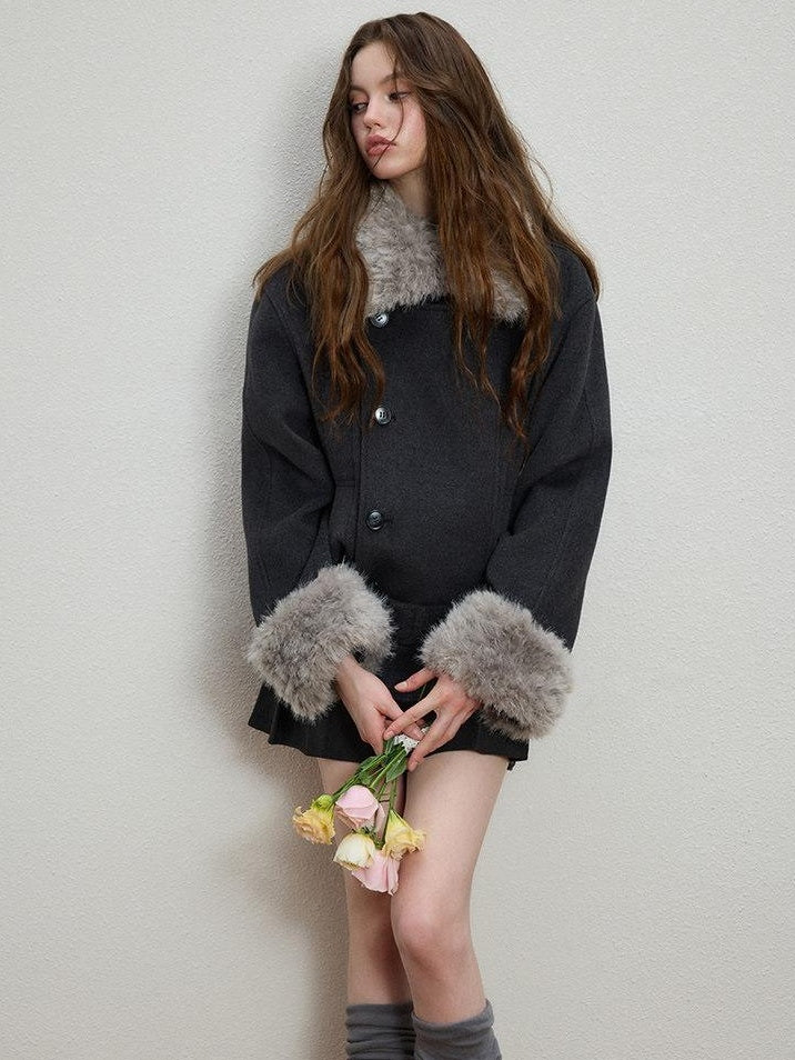 Luamoss Warm Thick Patchwork Korean Loose Fit Lapel Casual Women Deep Gray Wool Coats