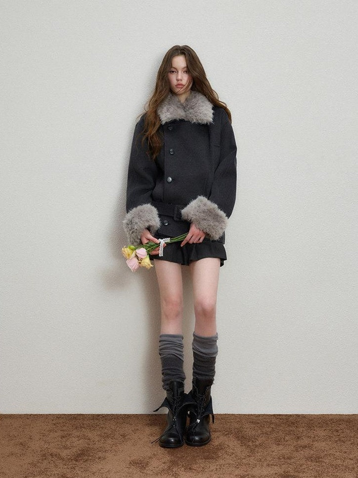 Luamoss Warm Thick Patchwork Korean Loose Fit Lapel Casual Women Deep Gray Wool Coats