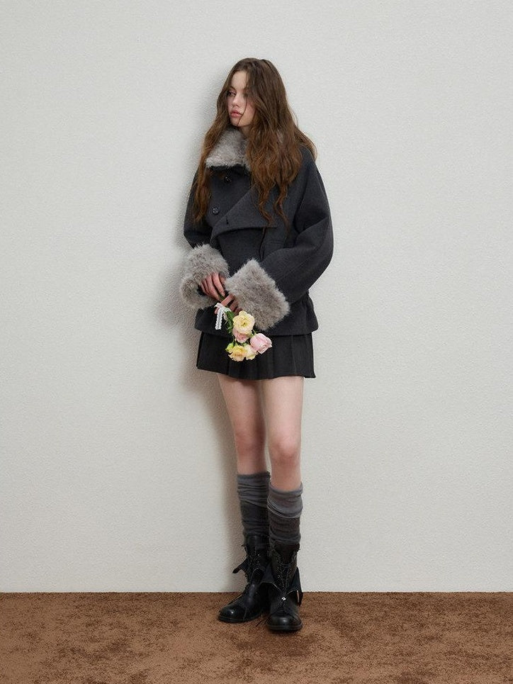 Luamoss Warm Thick Patchwork Korean Loose Fit Lapel Casual Women Deep Gray Wool Coats